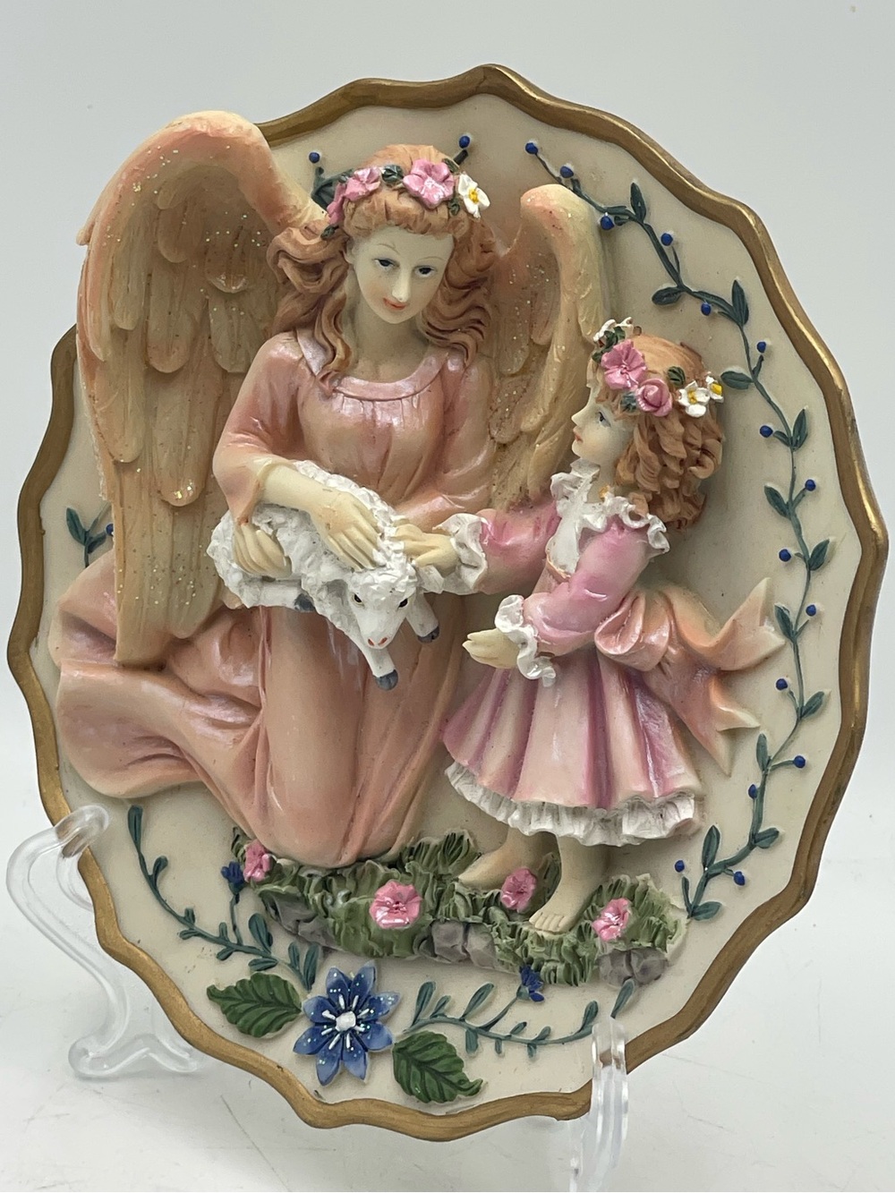 VTG 3D Raised Ceramic Plate w/ Guardian Angel, Little Girl, Lamb & Display Stand